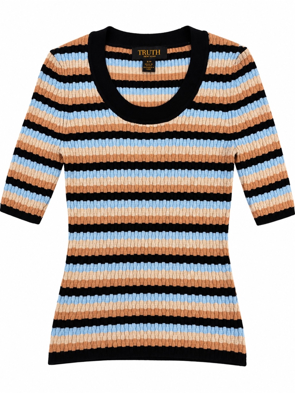 Truth Scoop Neck Striped Ribbed Half Sleeve Sweater - Black, Tan & Light Blue